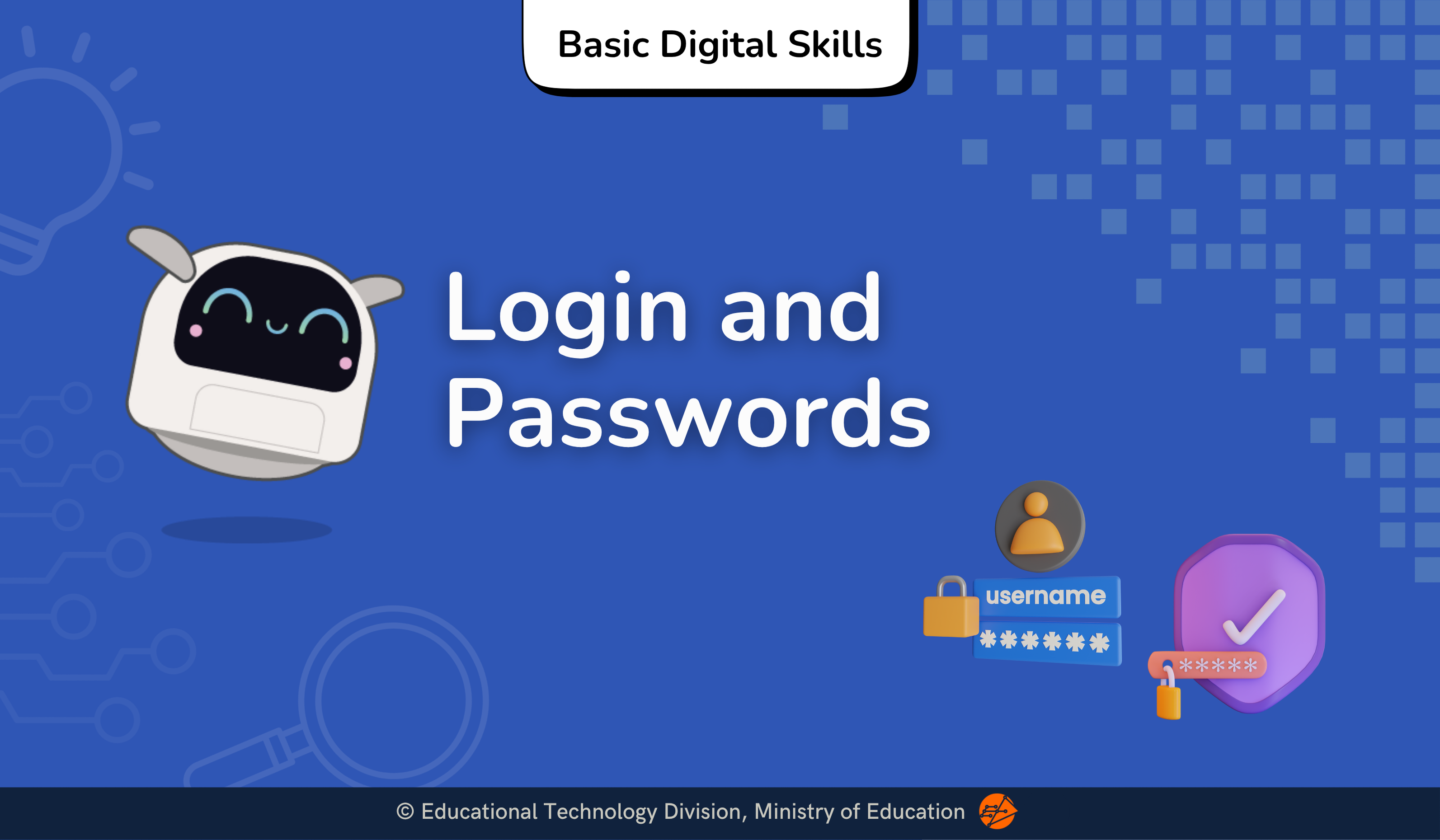 Title card for "Login and Passwords" under "Basic Digital Skills," featuring Poodle the AI dogbot alongside 3D icons representing user login fields, padlocks, and a security shield.